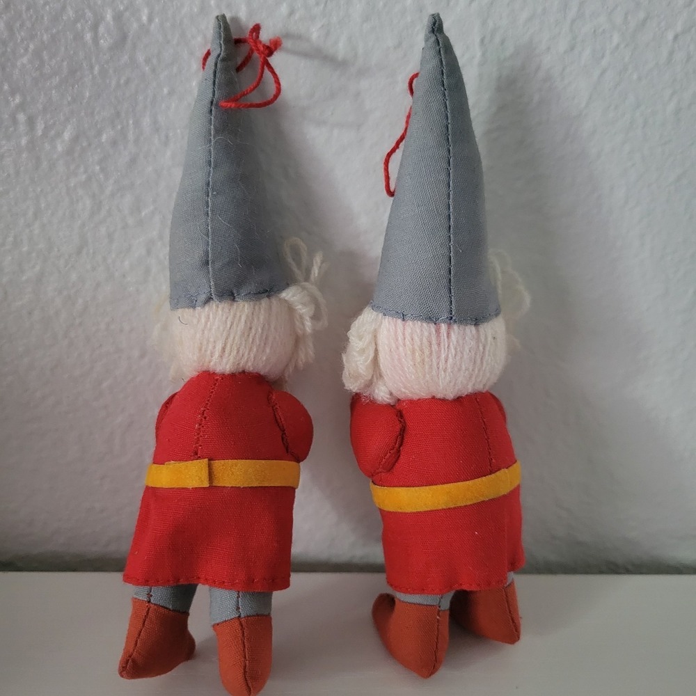 Vtg Posable Santa Claus (2) Handcrafted Stuffed Pixie Yarn Beard Ornament 6" MCM - Picture 3 of 5